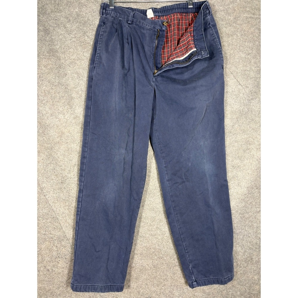 LL Bean Mens Double L Comfort Waist Flannel Lined Pleated Pants Navy Blue 36x32